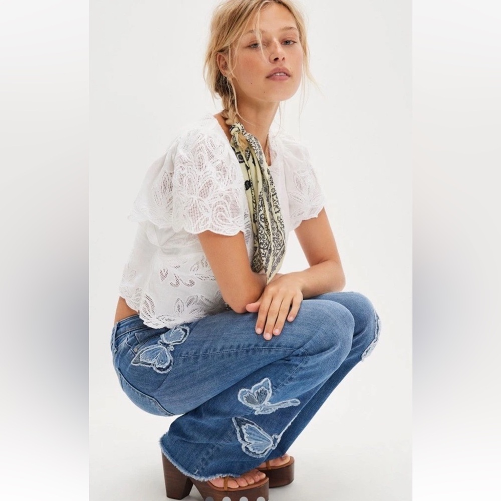 Free People Driftwood Eva X Butterfly Patchwork Jeans Medium Wash Blue